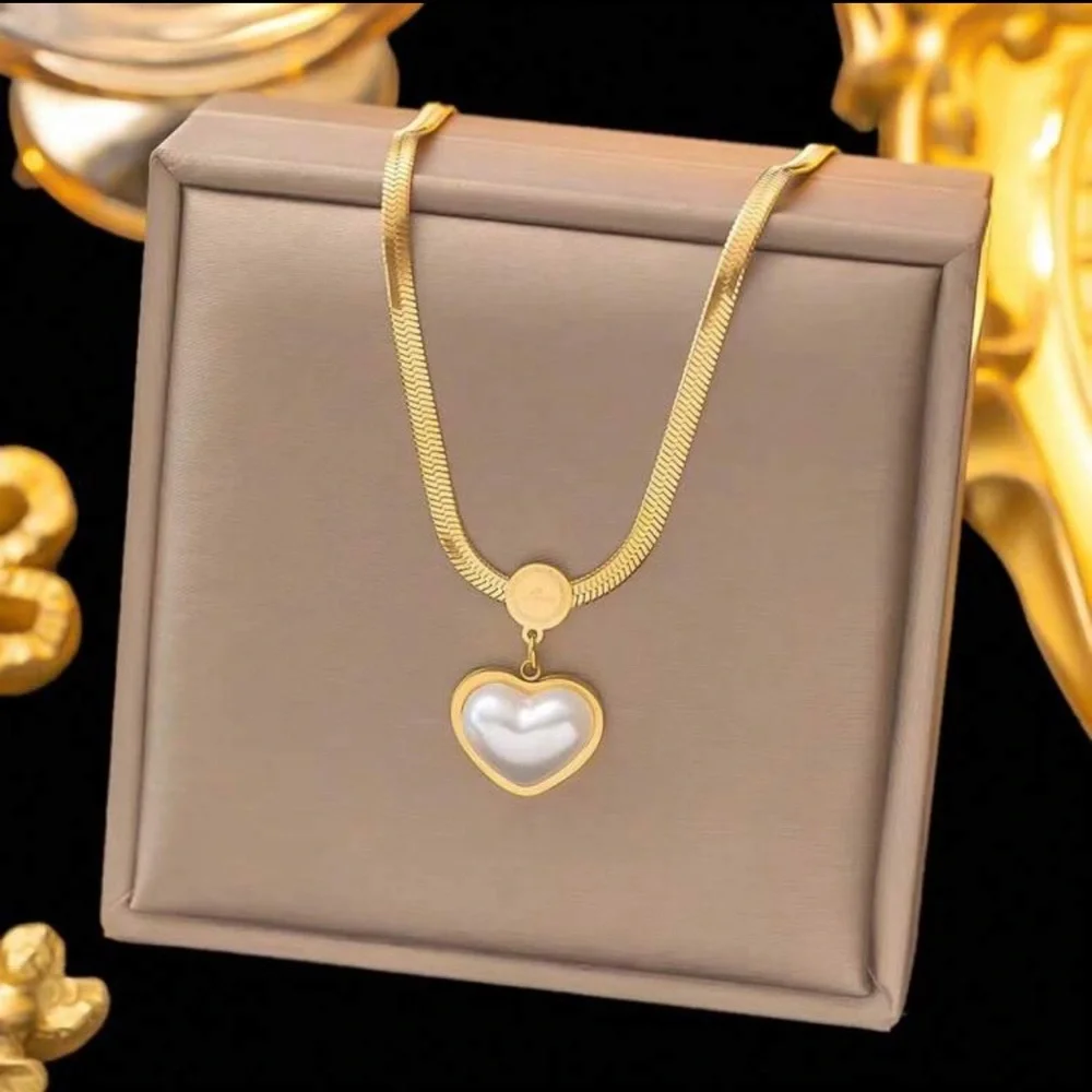 3pcs/Set Gold-Tone Stainless Steel Jewelry Set Including Flat Chain Heart - Picture 4 of 5